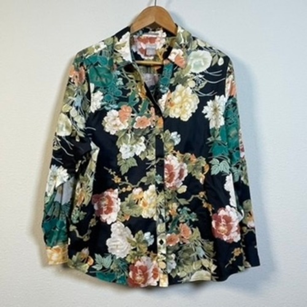 Chico's No Iron Floral Button Down Shirt Women 3 Large Black Cotton Long Sleeve